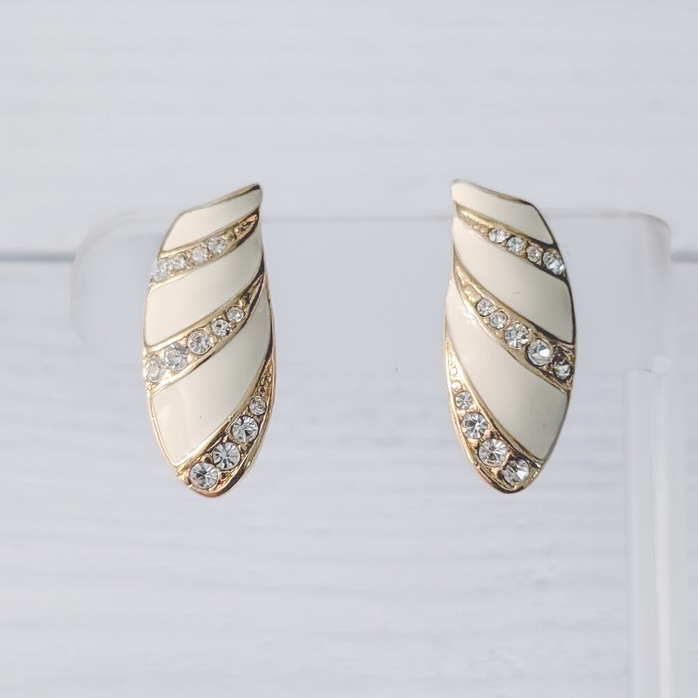 Vintage Monet Clip On Earrings Gold Tone, Cream Enamel, Clear Gems